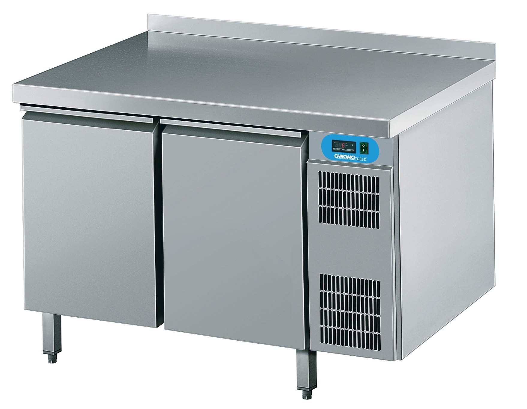 Kühltisch GN 1/1, 2 Türen, mit Tischplatte hinten aufgekantet, steckerfertig - CHROMOnorm