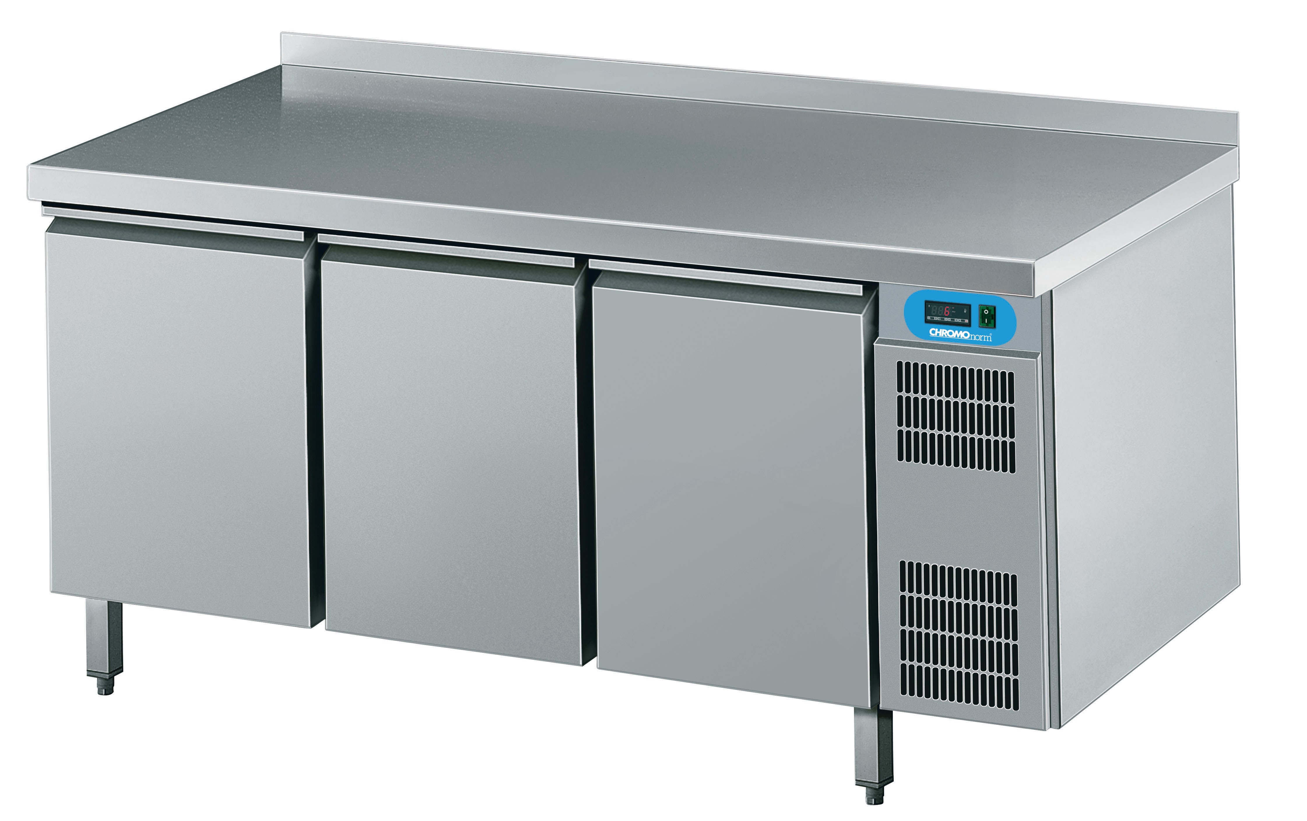 Kühltisch GN 1/1, 3 Türen, mit Tischplatte hinten aufgekantet, steckerfertig - CHROMOnorm