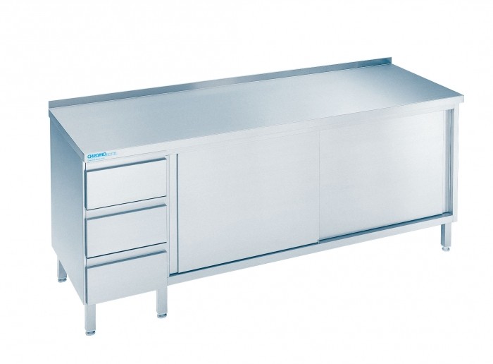Arbeitsschrank mit Schubladenblock - Tiefe 700 mm Länge 1800 mm Unterbau mit Tischplatte - CHROMOnorm