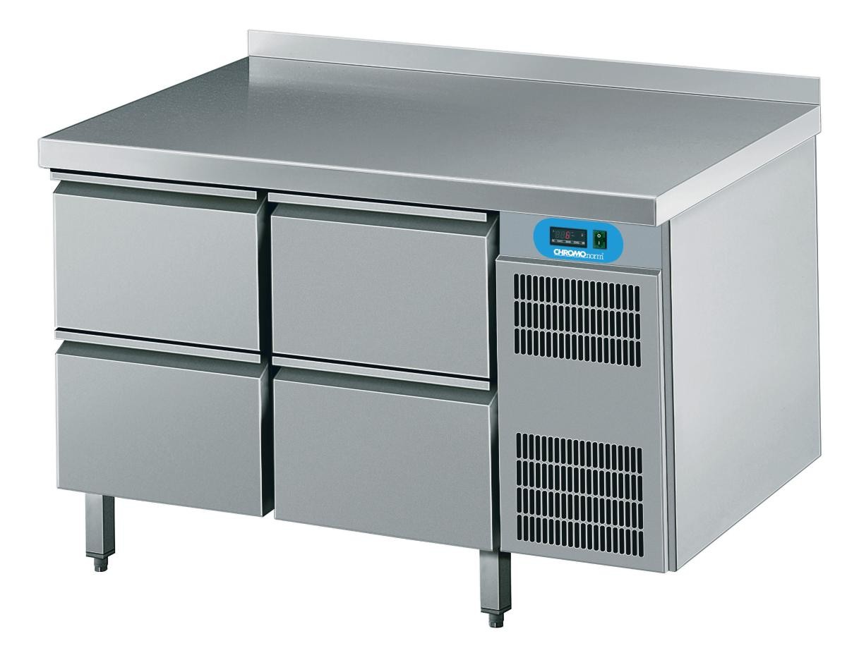 Kühltisch GN 1/1, 4 Schubladen, mit Tischplatte hinten aufgekantet, steckerfertig - CHROMOnorm