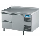 Kühltisch GN 1/1, 2 Schubladen / 1 Tür, mit Tischplatte hinten aufgekantet, steckerfertig - CHROMOnorm